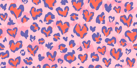 Abstract seamless leopard print with hearts elements. Vector design for textile, wrapping paper, greeting cards.