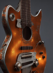 Fototapeta na wymiar Generative AI illustration of a steampunk brown gold platinum and rusty metal guitar fragment. On a gray background. Soft subdued lighting.