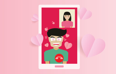 Young man making a video call through a mobile phone frame. Love greeting card concept for Valentine's Day. Couple and social media application communication. Decorated with paper cut hearts.
