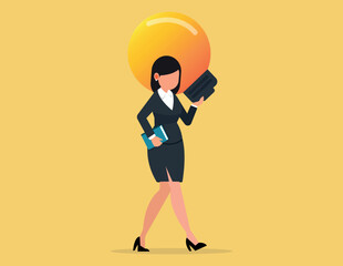 Business innovative solution. Businesswoman carrying light bulb.