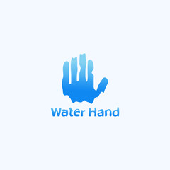 A blue hand logo that resembles water.