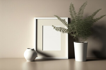 White empty vertical frame template mockup on the top of a wooden sideboard. Plants and vases to the sides. Interior design and decoration