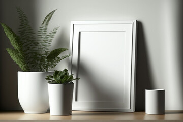 White empty vertical frame template mockup on the top of a wooden sideboard. Plants and vases to the sides. Interior design and decoration