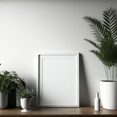 White empty vertical frame template mockup on the top of a wooden sideboard. Plants and vases to the sides. Interior design and decoration