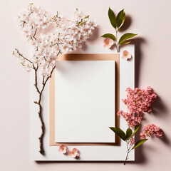 Wedding celebration stationery mockup scene template. Blank greeting cards invite or invitation. Feminine pink blossoming cherry tree still life composition. Flat lay, top view.