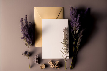 Wedding celebration stationery mockup scene template. Blank greeting cards invite or invitation. Feminine lavender still life composition. Flat lay, top view, knolling photo.