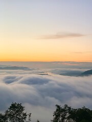 Beautiful sunrise on the Mekong River and mist at Phu Huay Isan, Nong Khai Province, Thailand