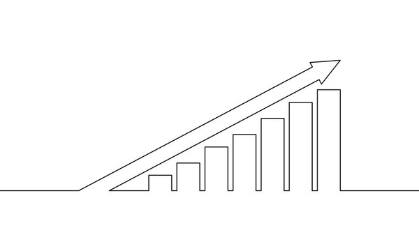 Continuous line drawing of graph business icon, growth graph outline, arrow up, bar chart, object one line, single line art, vector illustration