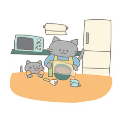 キッチンで料理をするかわいい猫の親子のイラスト素材