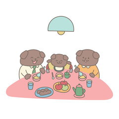 食卓を囲むかわいい犬の家族のイラスト素材