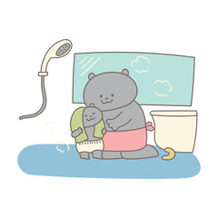 かわいいクマの親子がお風呂に入っているイラスト素材