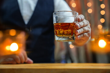 Bartender Serve Whiskey, on wood bar, 