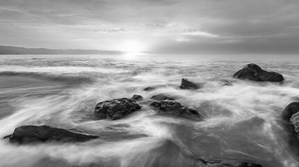 Ocean Sunset Seascape Beach Nature Landscape Black And White Scenic High Resolution