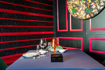 Empty glasses in restaurant. Table setting for celebration