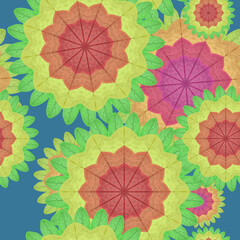 Fototapeta na wymiar Seamless pattern for continuous replicate. Floral background, photo collage for production of textile, cotton fabric. For use in wallpaper, covers. Mandala drawing in oriental style. Yin-Yang symbol.
