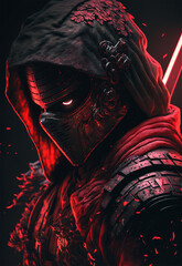 red samurai ninja, deadly warrior in the shadows, terrifying assassin