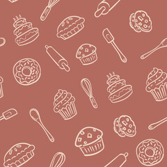 Baked goods bakery pattern background repeatable. Bakery pattern with cakes, muffins, cupcakes, pies, donuts, cookie, whisk, spatula, rolling pin.