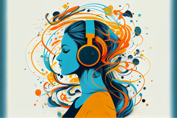 Fototapeta premium Vector Design of Woman with long Hair Listening to Music in Her Headphones. Generative ai