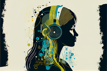 Vector Design of Woman with long Hair Listening to Music in Her Headphones. Generative ai