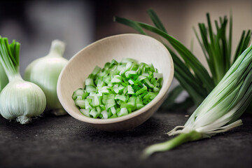 a bowl of green chives lies next to a small onion, generative AI