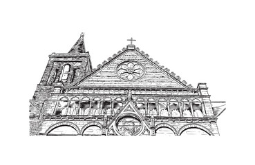 Building view with landmark of Pistoia is a city in Italy. Hand drawn sketch illustration in vector.