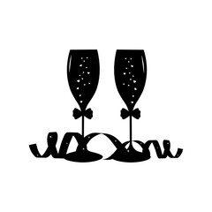 Silhouettes of two glasses with hearts and bows.