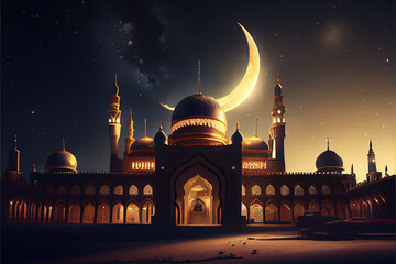 Ramadan Kareem background, Crescent moon with mosque, Islamic Eid Mubarak for Muslim Holidays, Eid-Ul-Adha festival celebration, Generative AI. - obrazy, fototapety, plakaty