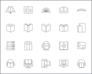 Simple Set of book Related Vector Line Icons.
Vector collection of reading, book stack, notes, study, library, education, open book and design elements symbols or logo element.
