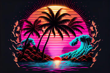 Synthase sunset, landscape with palm trees, 80's retro synthase color design ocean wave, generative ai. - obrazy, fototapety, plakaty