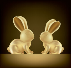 Realistic golden rabbit. 3d Gold metallic Bunny. Vector illustration