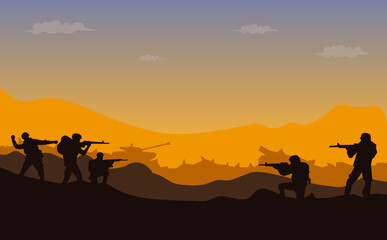 Fototapeta na wymiar War military vector illustration, soldier background, soldier silhouette, Artillery, Cavalry, Tank.