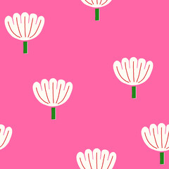 Seamless pattern designed with simply drawn lotuses on a pink background, for wrapping paper, wallpaper and fabric prints.
