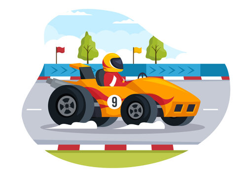 Formula Racing Sport Car Reach on Race Circuit the Finish Line Cartoon Illustration to Win the Championship in Flat Style Hand Drawn Templates Design © denayune