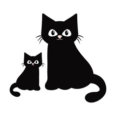 Two Black Cats Illustration. Mother and Baby Feline