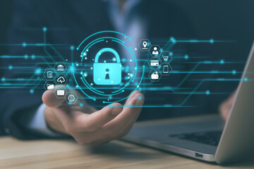 Businessman touching padlock icon on virtual display internet network cyber security concept	