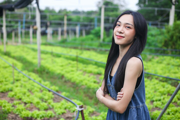 Asian woman with organic vegetable house production control,smart farming, agriculture business concept