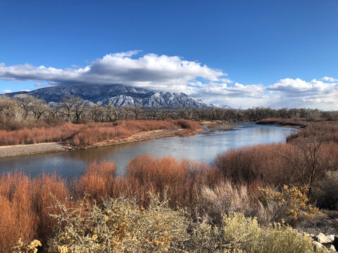 Rio Grande in the Winter with a view of the Sandia Mountain