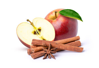 Red apple with cinnamon stick isolated on white background.