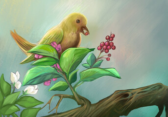 Nature illustration of a bird on a branch complete with leaves, flowers and fruit. digital painting.