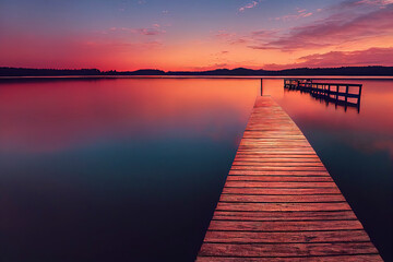 Fototapeta premium colorfull wooden pier on a lake that is totally calm during sunset