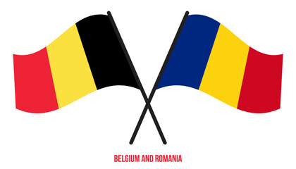 Belgium and Romania Flags Crossed And Waving Flat Style. Official Proportion. Correct Colors.