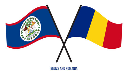 Belize and Romania Flags Crossed And Waving Flat Style. Official Proportion. Correct Colors.