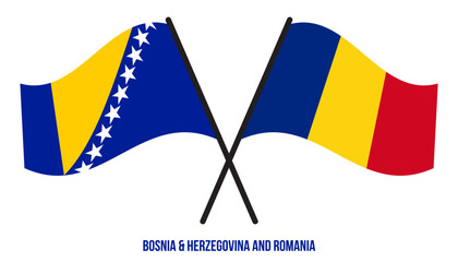 Bosnia & Herzegovina and Romania Flags Crossed And Waving Flat Style. Official Proportion Colors.