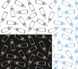 doodle pattern with medical vials, background for formocology company, pharmacy, poster, pharmacy jar on white and black background