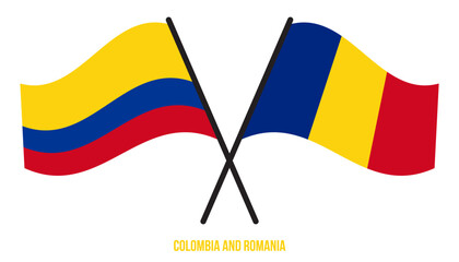 Colombia and Romania Flags Crossed And Waving Flat Style. Official Proportion. Correct Colors.