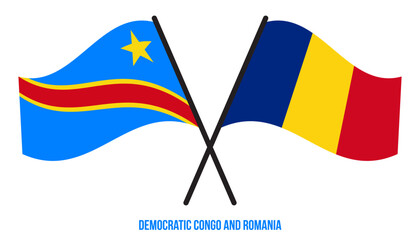 Democratic Congo and Romania Flags Crossed & Waving Flat Style. Official Proportion. Correct Colors.