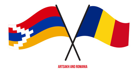 Artsakh and Romania Flags Crossed And Waving Flat Style. Official Proportion. Correct Colors.