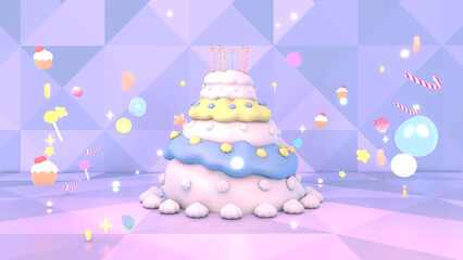 3d rendered cartoon birthday party.