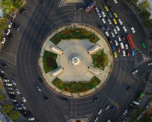 An aerial view of the Democracy Monument in Ratchadamnoen Avenue, The most famous tourist attraction in Bangkok, Thailand.