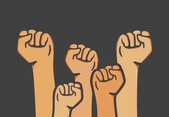 Vector illustration raising hand and clenching fist on balck background. Flat vector raising hands.